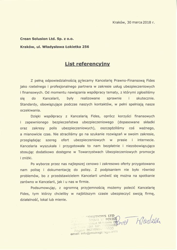 Skan listu referencyjnego od firmy Crean Solusion Ltd. z Krakowa, datowany na 30 marca 2018 r., polecający Kancelarię Prawno-Finansową Fides za rzetelne i profesjonalne usługi ubezpieczeniowe.