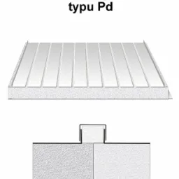 Schemat techniczny połączenia płyt warstwowych dachowych typu Pd, prezentujący widok z góry oraz przekrój poprzeczny z detalami łączenia zamkowego.