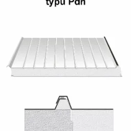 Ilustracja połączenia płyt warstwowych dachowych typu Pdn, prezentująca przekrój poprzeczny i widok z boku, ukazująca system łączenia na pióro i wpust.