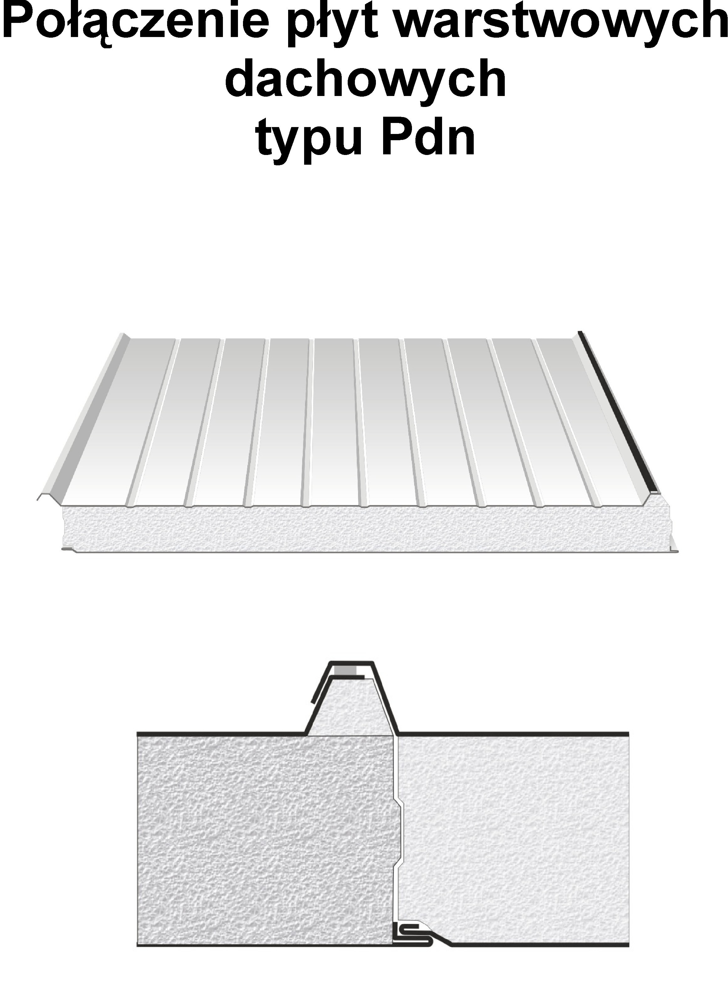 Ilustracja połączenia płyt warstwowych dachowych typu Pdn, prezentująca przekrój poprzeczny i widok z boku, ukazująca system łączenia na pióro i wpust.