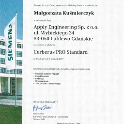 Certyfikat uczestnictwa Apply Engineering na szkoleniu Cerberus PRO Standard