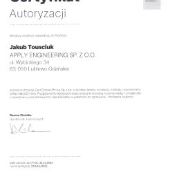 Certyfikat autoryzacji Glen Dimplex Polska dla Apply Engineering w zakresie doboru, sprzedaży, montażu i uruchomienia pomp ciepła Dimplex.
