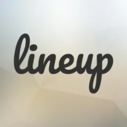Czarny, stylizowany napis 'lineup' na rozmytym, jasnym tle w geometryczne wzory.