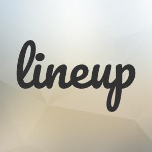 Czarny, stylizowany napis 'lineup' na rozmytym, jasnym tle w geometryczne wzory.