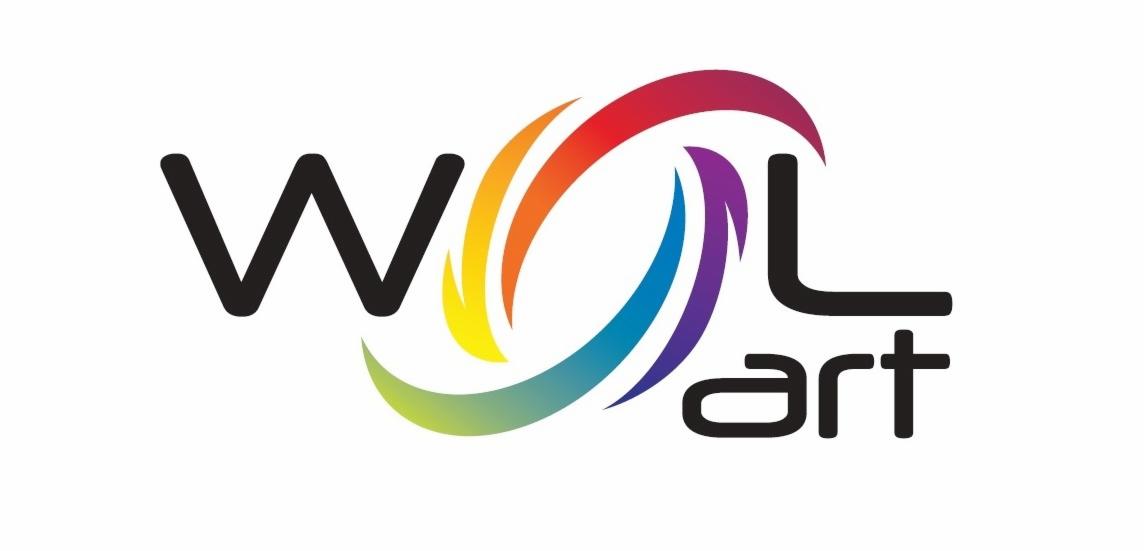 Logo firmy z napisem 'WOLart', gdzie litery 'OL' są wpisane w kolorowy element graficzny przypominający pędzel z przejściami kolorów od czerwonego, przez żółty, zielony do niebieskiego.