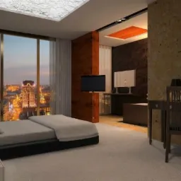 Nowoczesna sypialnia z dużym oknem z widokiem na miasto, telewizorem na ścianie i designerskim oświetleniem sufitowym.