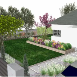 Wizualizacja ogrodu przydomowego z trawnikiem, rabatami kwiatowymi, drzewami i ścieżką z płyt betonowych, z elementami ogrodzenia i fragmentem domu.