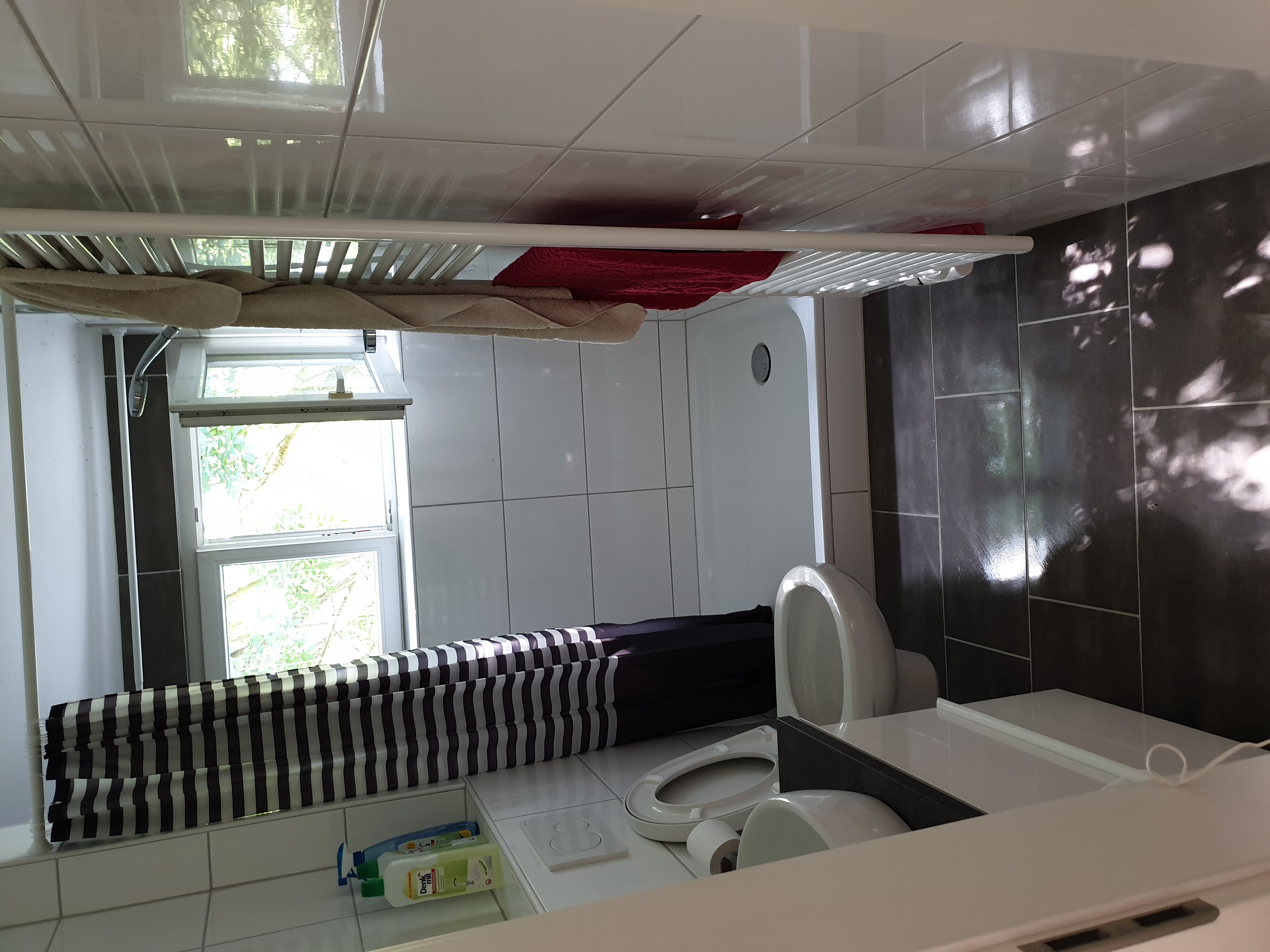 Nowoczesna łazienka z białymi płytkami, grzejnikiem drabinkowym z ręcznikami, kabiną prysznicową i toaletą, widziana z boku.