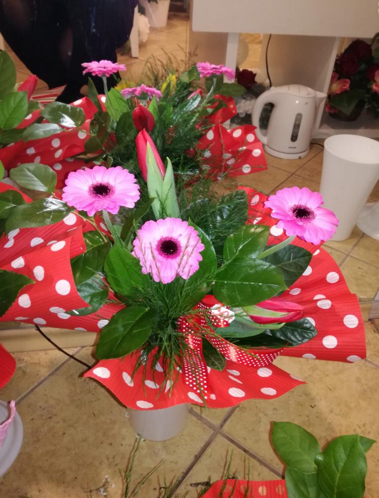 Kompozycja kwiatowa z różowych gerber, czerwonych tulipanów i zielonych liści, owinięta w czerwony papier w białe kropki, z dekoracyjną czerwoną wstążką w kropki, na tle białego czajnika...