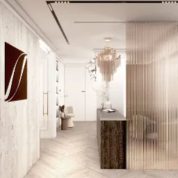 Eleganckie wnętrze biura z recepcją wykończoną kamieniem, dekoracyjnym oświetleniem i przeszkloną ścianą działową.