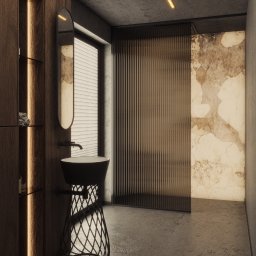 AP STUDIO AGATA POZOWSKA-MAJCHRZAK - Nowoczesna łazienka z umywalką na ażurowej podstawie, podświetlaną półką i ścianą z efektem marmuru. Minimalistyczny design z akcentami drewna i betonu.