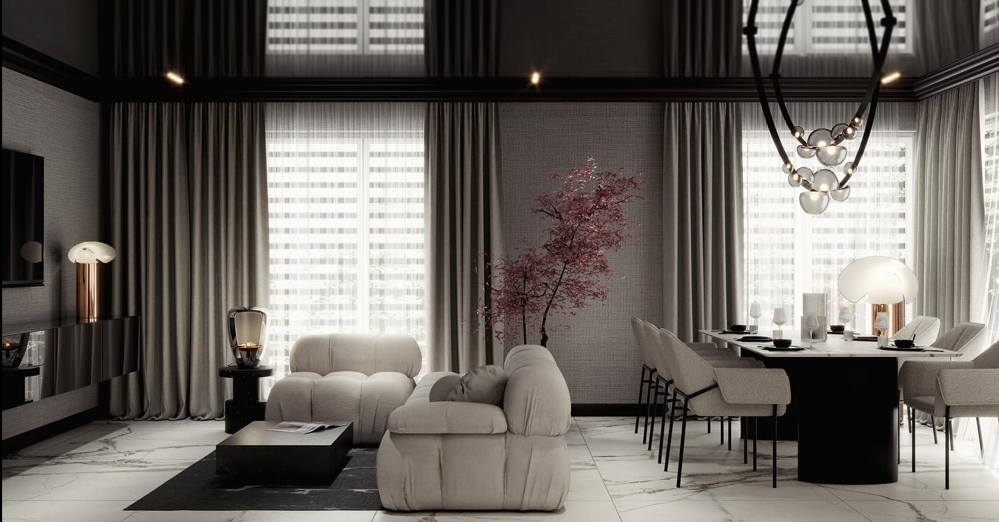 Eleganckie wnętrze: salon z jadalnią w odcieniach szarości i beżu, marmurowa podłoga, designerska lampa i drzewko bonsai. Nowoczesny żyrandol nad stołem.