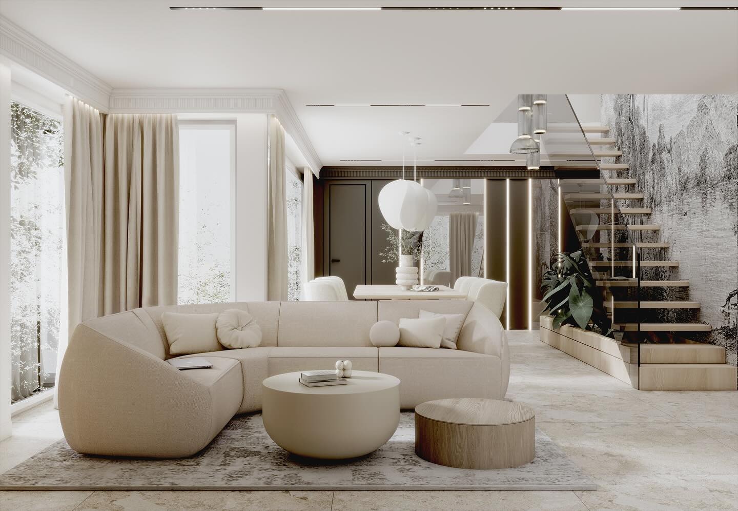 Jasny salon z beżową sofą modułową, okrągłym stolikiem i schodami z roślinami. Minimalistyczny design z akcentami drewna i naturalnego światła.