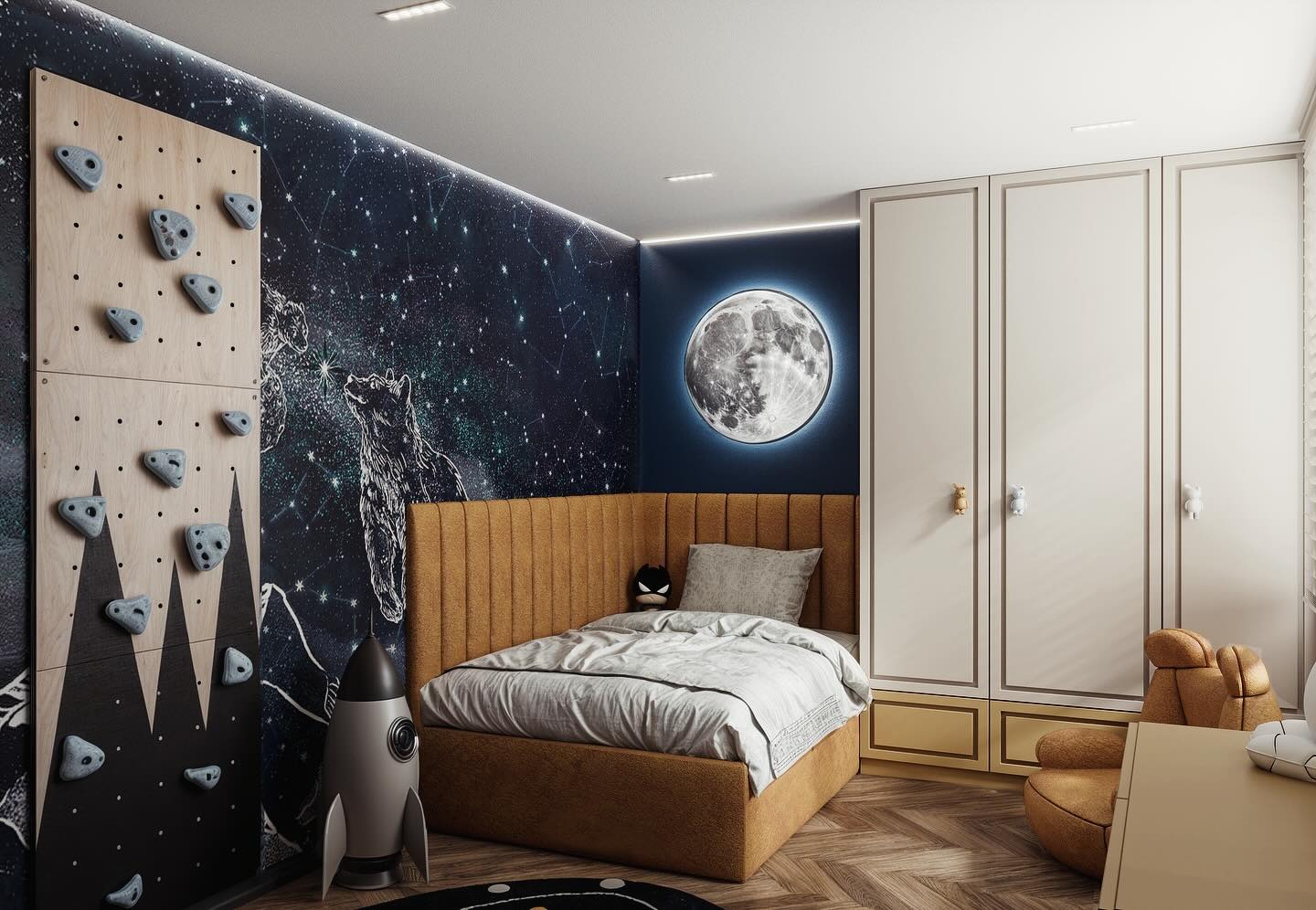 Pokój dziecięcy w kosmicznym stylu: ściana w gwiazdy, podświetlany księżyc, ścianka wspinaczkowa i rakieta. Beżowe łóżko i szafa z ozdobnymi uchwytami.