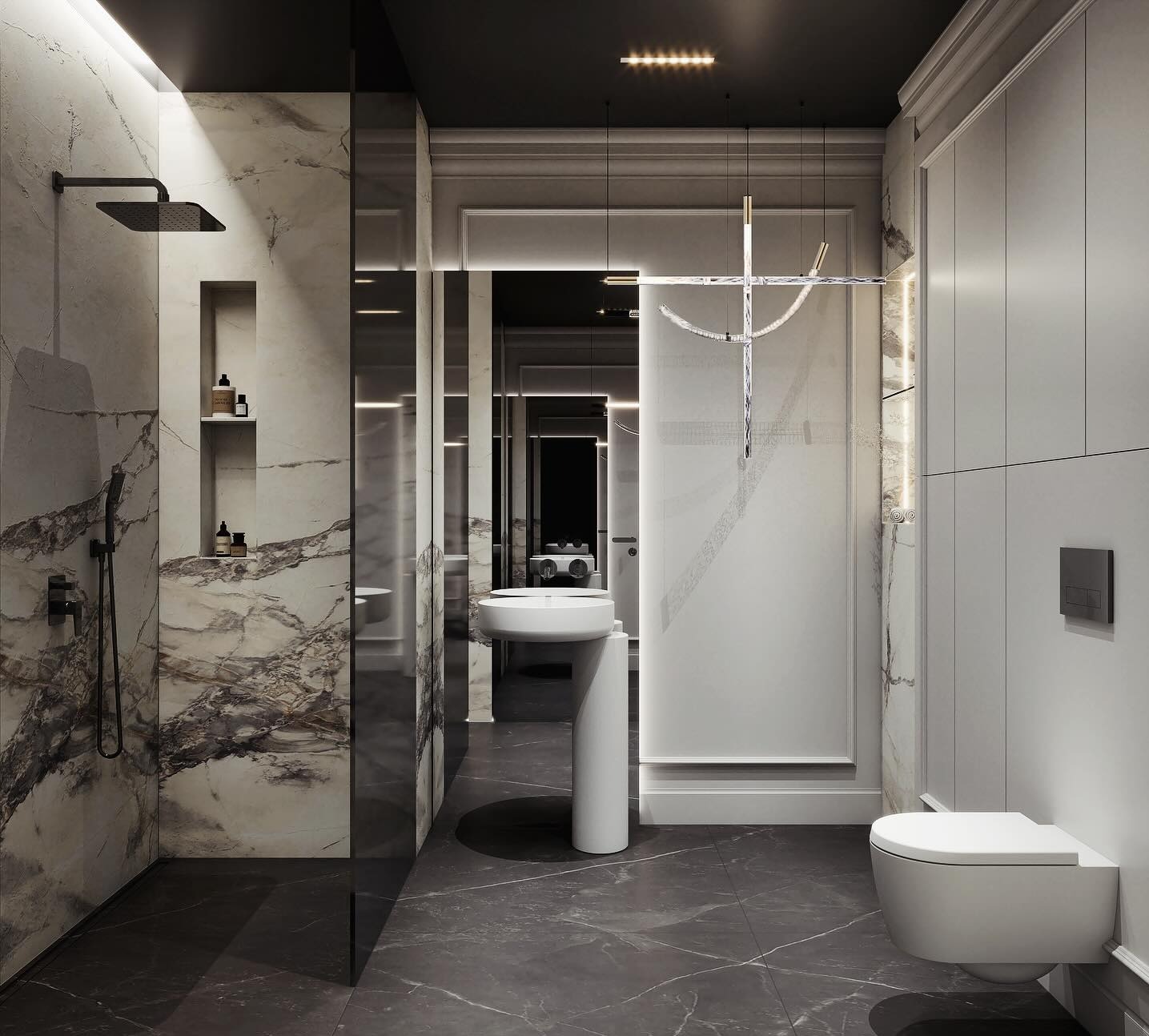 Elegancka łazienka z marmurową kabiną prysznicową typu walk-in, minimalistyczną umywalką na postumencie i podwieszaną toaletą. Nowoczesne oświetlenie i szara marmurowa podłoga.