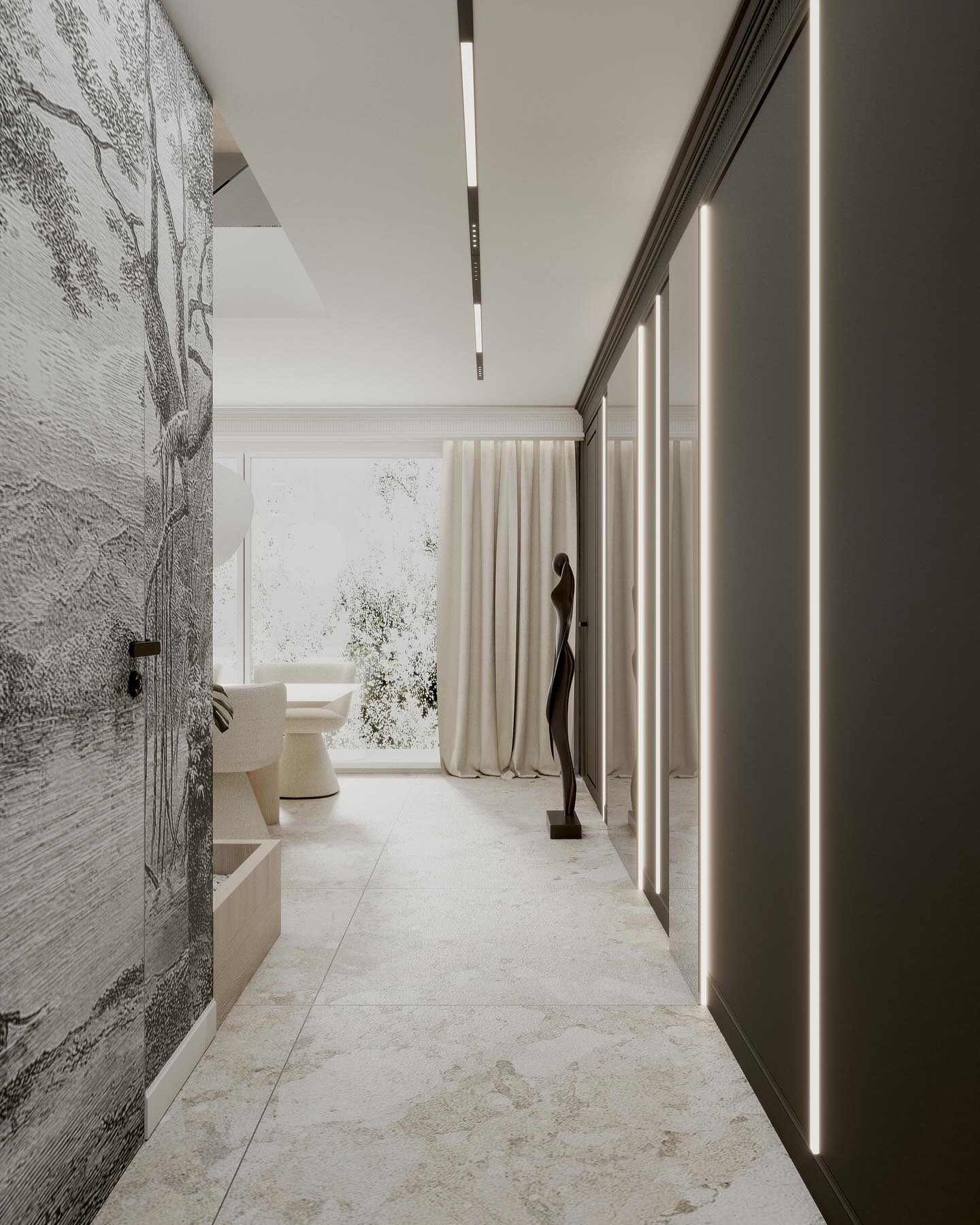 Elegancki korytarz z tapetą w stylu toile de jouy, rzeźbą i szafą z oświetleniem LED. Jasna podłoga z kamienia i subtelne światło tworzą harmonijną przestrzeń.