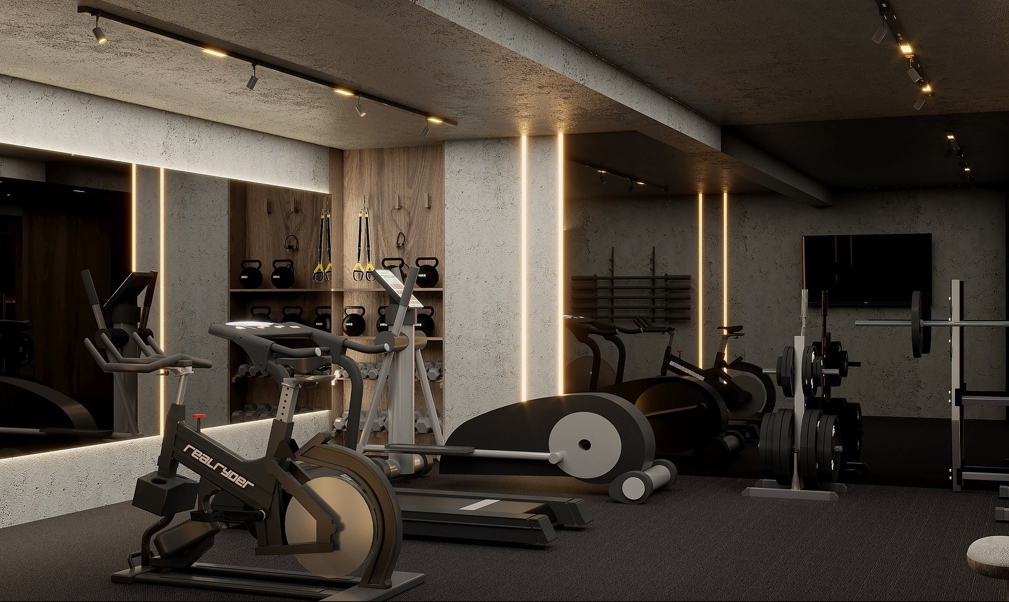 Nowoczesna siłownia domowa z betonowymi ścianami, oświetleniem LED i sprzętem do ćwiczeń: bieżnia, rower stacjonarny, hantle. Minimalistyczny design z drewnianymi akcentami.