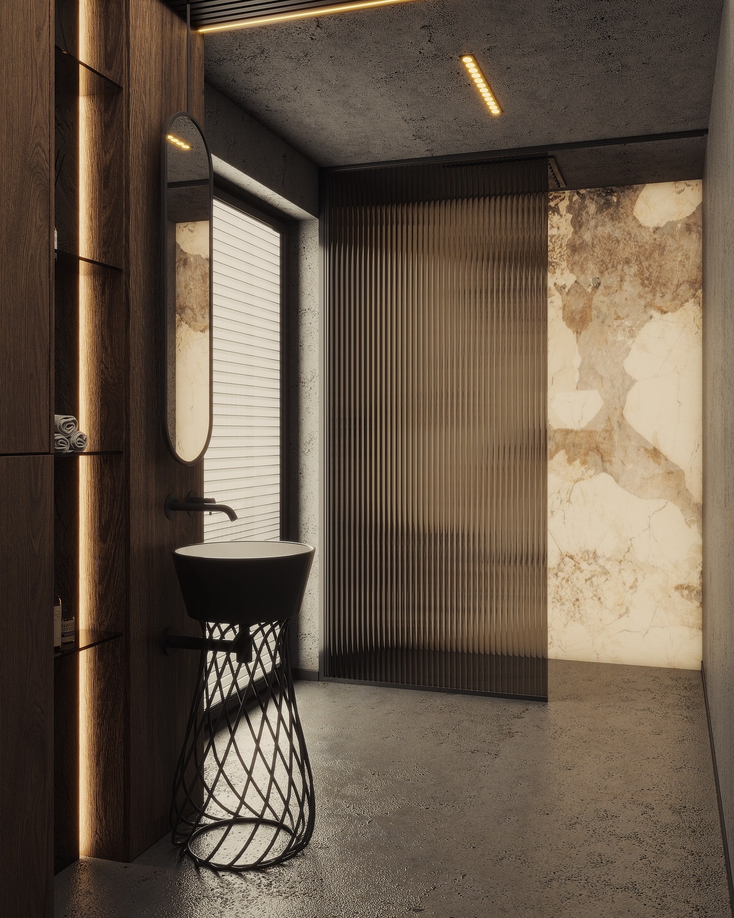 Nowoczesna łazienka z umywalką na ażurowej podstawie, podświetlaną półką i ścianą z efektem marmuru. Minimalistyczny design z akcentami drewna i betonu.