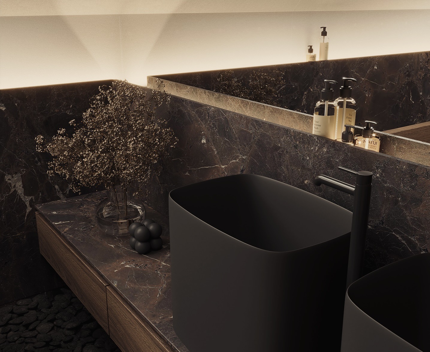 Nowoczesna łazienka z czarną umywalką na blacie z ciemnego marmuru, minimalistyczna armatura i dekoracje, oświetlenie LED podkreśla elegancję wnętrza.