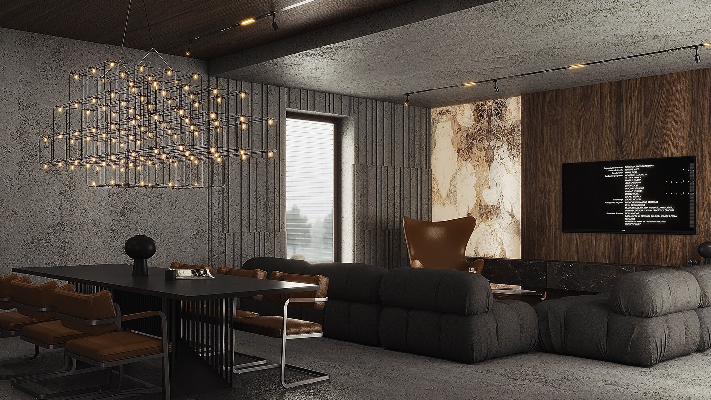 Nowoczesny salon z betonową ścianą, geometryczną lampą, czarnym stołem i sofą modułową. Minimalistyczny design z akcentami drewna i marmuru.