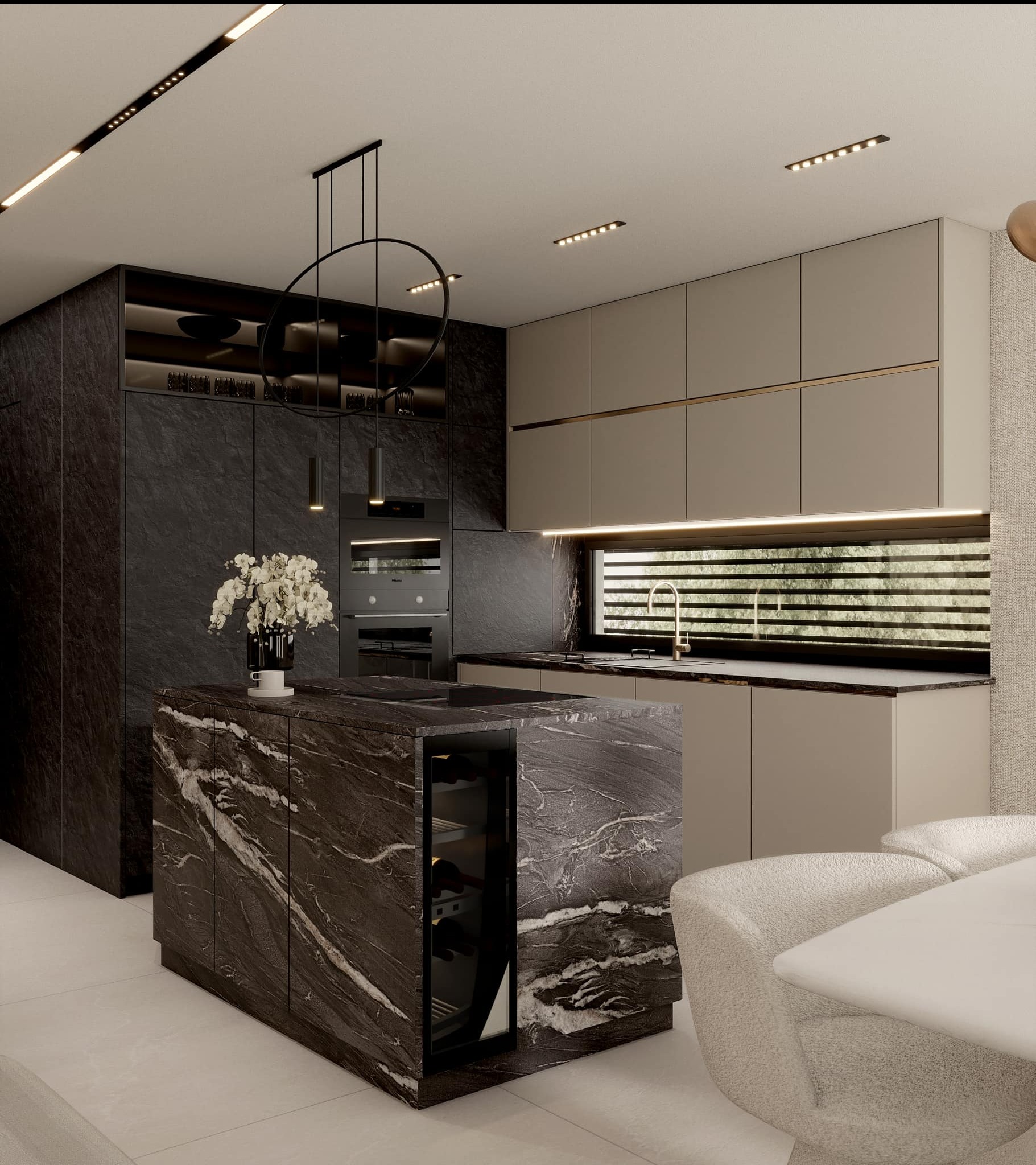 Nowoczesna kuchnia z wyspą z ciemnego marmuru, oświetleniem LED i minimalistycznymi szafkami. Widoczny ekspres do wina w wyspie i okno z żaluzjami.
