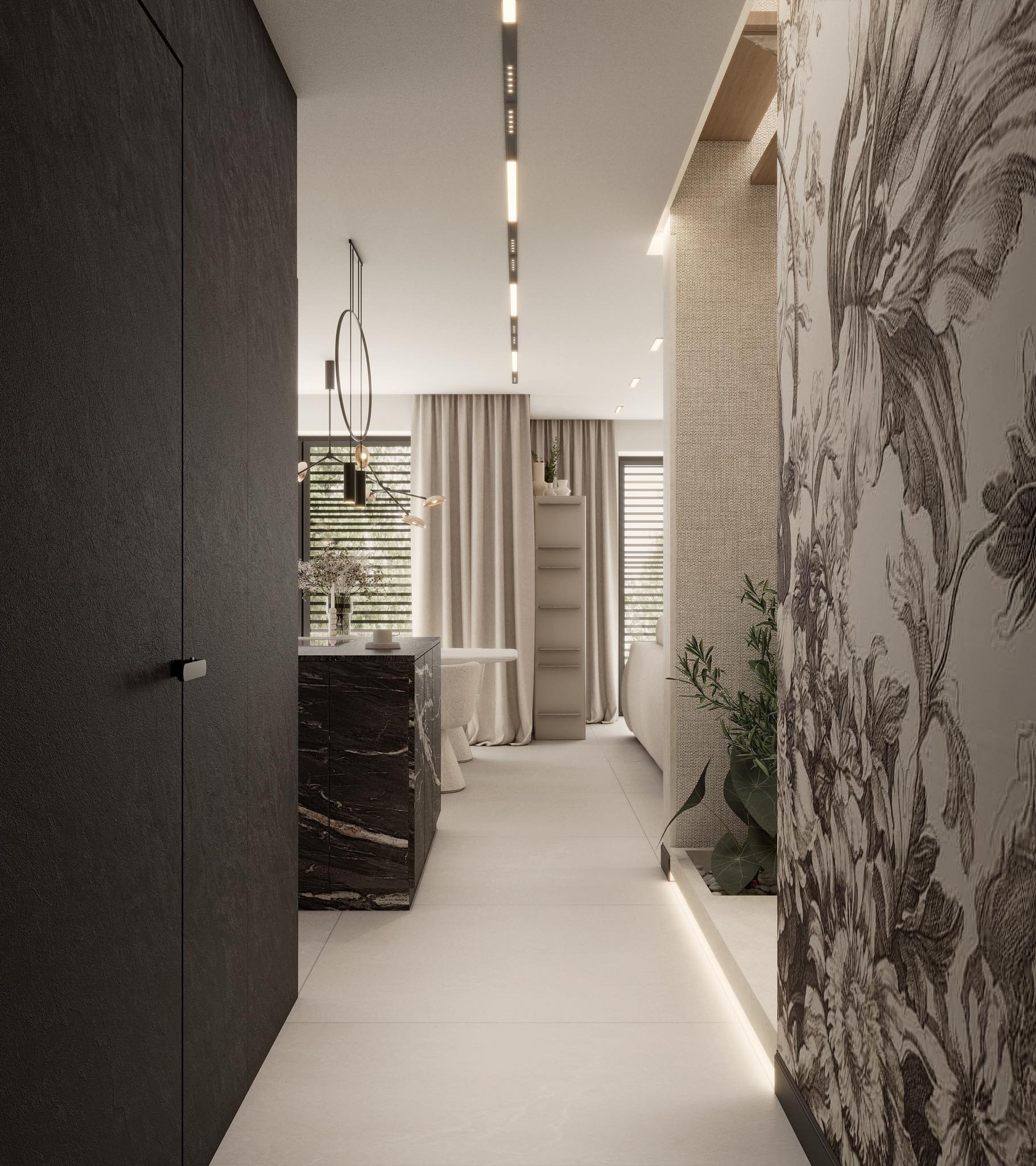 Eleganckie wnętrze mieszkania z marmurową wyspą kuchenną, wzorzystą tapetą i subtelnym oświetleniem podłogowym. Nowoczesny design z dbałością o detale.