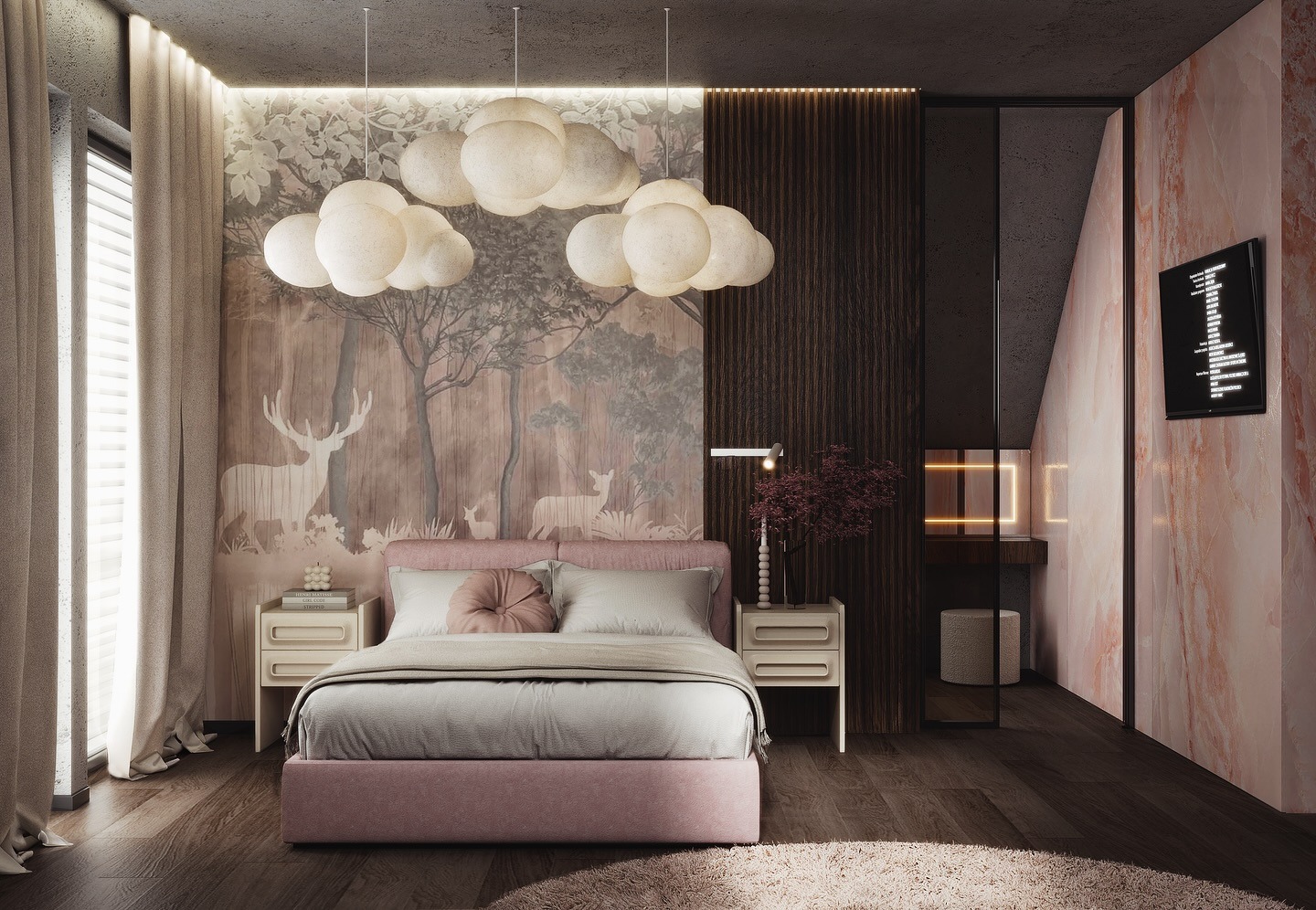 Nowoczesna sypialnia z łóżkiem w odcieniach różu, tapetą z motywem leśnym i lampami w kształcie chmur. Ciemne drewno i marmur dodają elegancji.