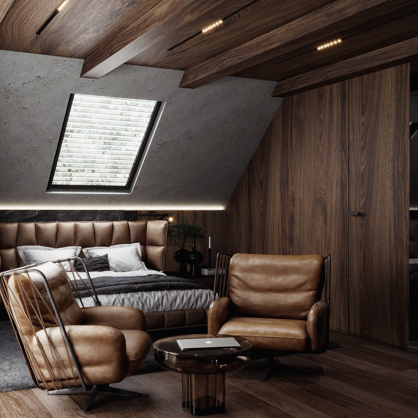 Nowoczesna sypialnia w Przezchlebiu z drewnianym sufitem i ścianą, betonową wnęką okienną oraz skórzanymi fotelami. Minimalistyczny design z laptopem na stoliku.