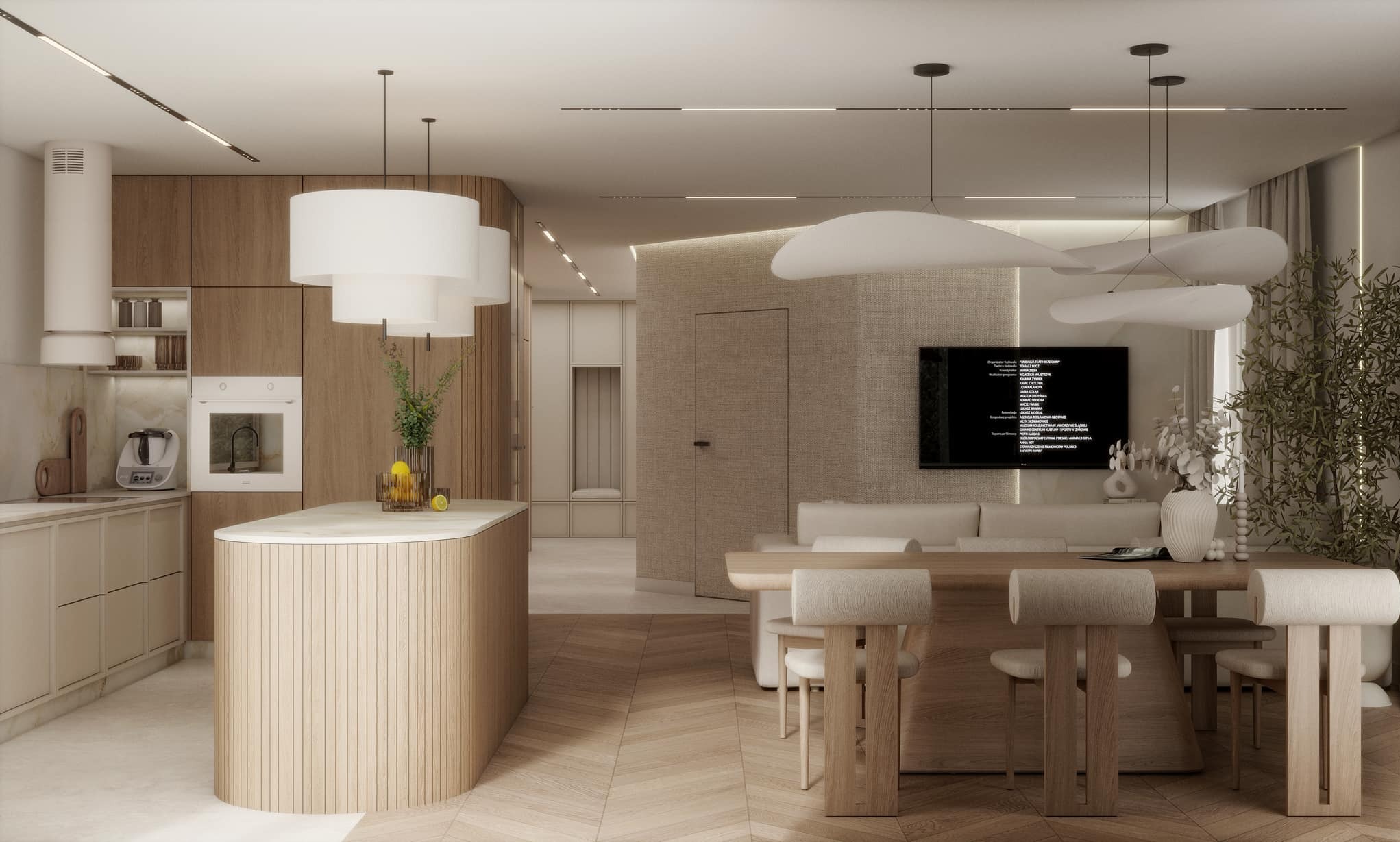 Jasne, przestronne wnętrze mieszkania z drewnianą podłogą w jodełkę, wyspą kuchenną i nowoczesnym oświetleniem. Minimalistyczny design z akcentami roślinnymi.