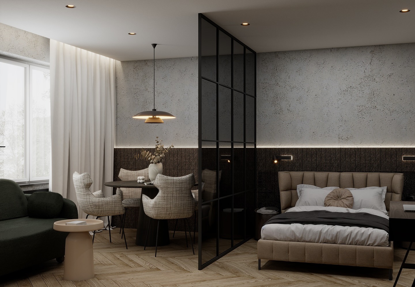 Stylowe wnętrze apartamentu z wydzieloną strefą sypialnianą szklaną ścianką. Widoczny stół z krzesłami, sofa i łóżko. Parkiet w jodełkę, nowoczesne oświetlenie.