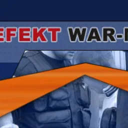 Grafika reklamowa agencji ochrony 'Efekt War-Ma' z Olsztyna, prezentująca pracownika ochrony w kamizelce taktycznej z napisem Ochrona, logo firmy w kształcie tarczy oraz dane kontaktowe.