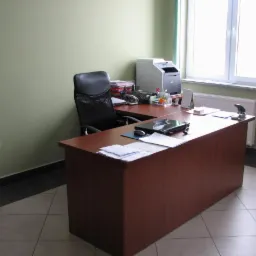 Biuro z biurkiem, krzesłem, laptopem i drukarką przy oknie, oświetlonym naturalnym światłem.