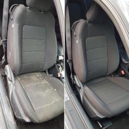 Centrum Blasku Maciej Matuszczak - Porównanie fotela samochodowego przed i po czyszczeniu: po lewej stronie fotel mocno zabrudzony, po prawej - świeżo wyczyszczony, z widoczną różnicą w kolorze i brakiem zabrudzeń.