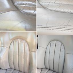 Centrum Blasku Maciej Matuszczak - Kolaż przedstawiający fotel samochodowy z jasnej skóry przed i po czyszczeniu, ukazujący różnicę w wyglądzie i usunięcie zabrudzeń.