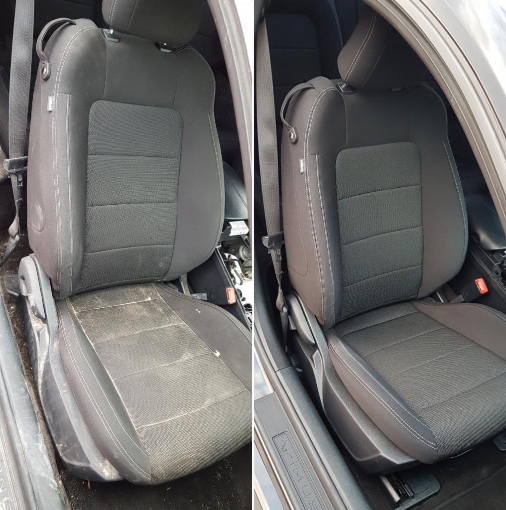 Porównanie fotela samochodowego przed i po czyszczeniu: po lewej stronie fotel mocno zabrudzony, po prawej - świeżo wyczyszczony, z widoczną różnicą w kolorze i brakiem zabrudzeń.