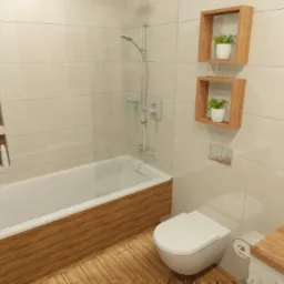 Wizualizacja nowoczesnej łazienki z wanną obudowaną drewnem, wiszącą toaletą, grzejnikiem drabinkowym i wnęką z półkami na kosmetyki oraz drewnianymi półkami z roślinami doniczkowymi.