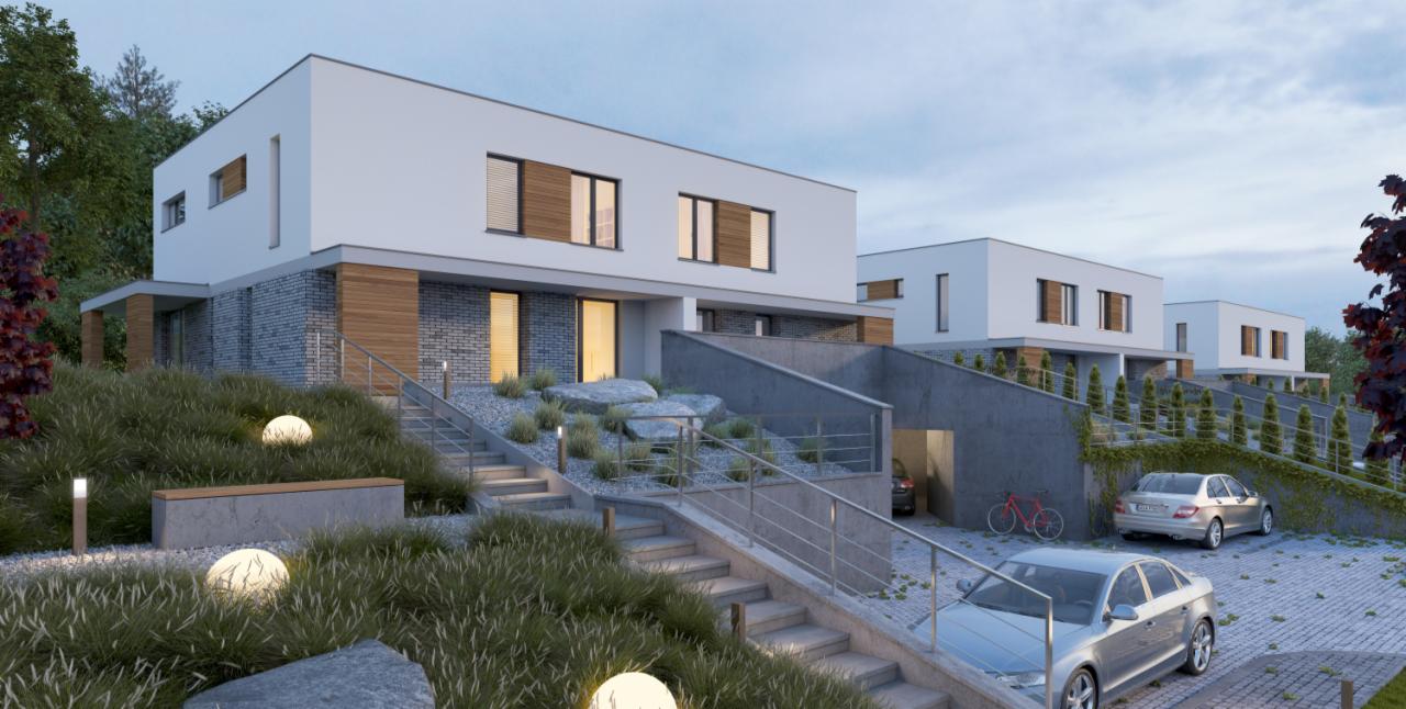 Wizualizacja czterech nowoczesnych domów jednorodzinnych dwulokalowych z płaskimi dachami, elewacją w kolorze białym z elementami szarej cegły i drewna, oświetlonych kulistymi lampami ogrodowymi,...