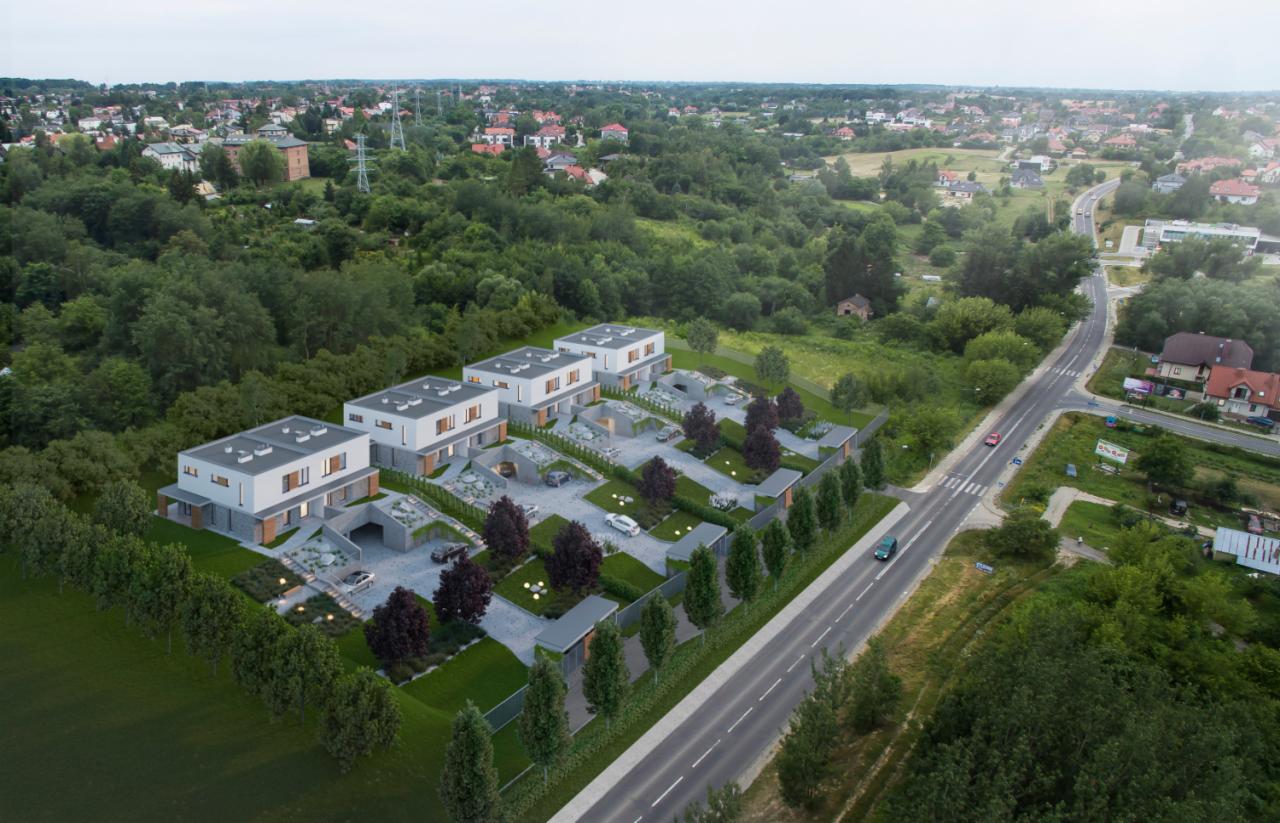 Wizualizacja czterech nowoczesnych domów jednorodzinnych dwulokalowych z płaskimi dachami i podziemnymi garażami, otoczonych zielenią, widok z lotu ptaka.
