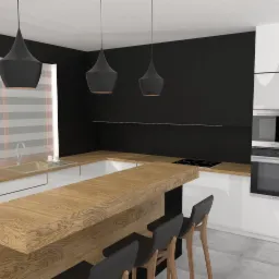 Wizualizacja nowoczesnej kuchni z wyspą z blatem z naturalnego drewna, trzema czarnymi lampami wiszącymi nad wyspą, białymi szafkami i czarną ścianą w tle.