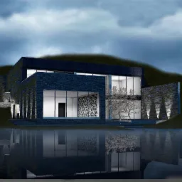 Wizualizacja nowoczesnego domu z kamienia z dużymi oknami, oświetlonego punktowymi lampami, z odbiciem w wodzie, w tle zalesione wzgórze.