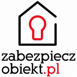 Logo firmy zabezpieczobiekt.pl z symbolem domu i czerwonym otworem na klucz.