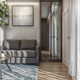 Nowoczesny salon z szarą sofą, szklanym stolikiem kawowym z filiżanką, dywanem w geometryczne wzory, lustrzanymi drzwiami i roślinami na półce, oświetlony promieniami słońca wpadającymi przez żaluzje.