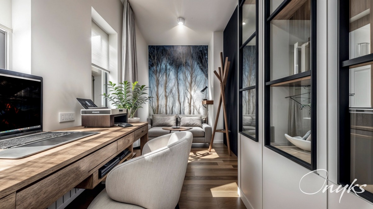 Nowoczesne biuro domowe z drewnianym biurkiem, komputerem, drukarką, rośliną doniczkową i sofą z tapetą imitującą las w tle, oddzielone od reszty pomieszczenia szklaną ścianką działową w czarnej...