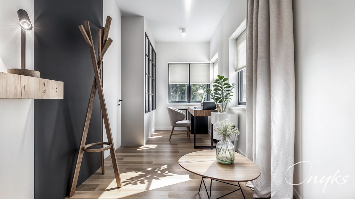 Nowoczesne wnętrze biura domowego z drewnianym wieszakiem na ubrania, biurkiem przy oknie, szarą tapetą, okrągłym stolikiem kawowym i roślinami doniczkowymi.