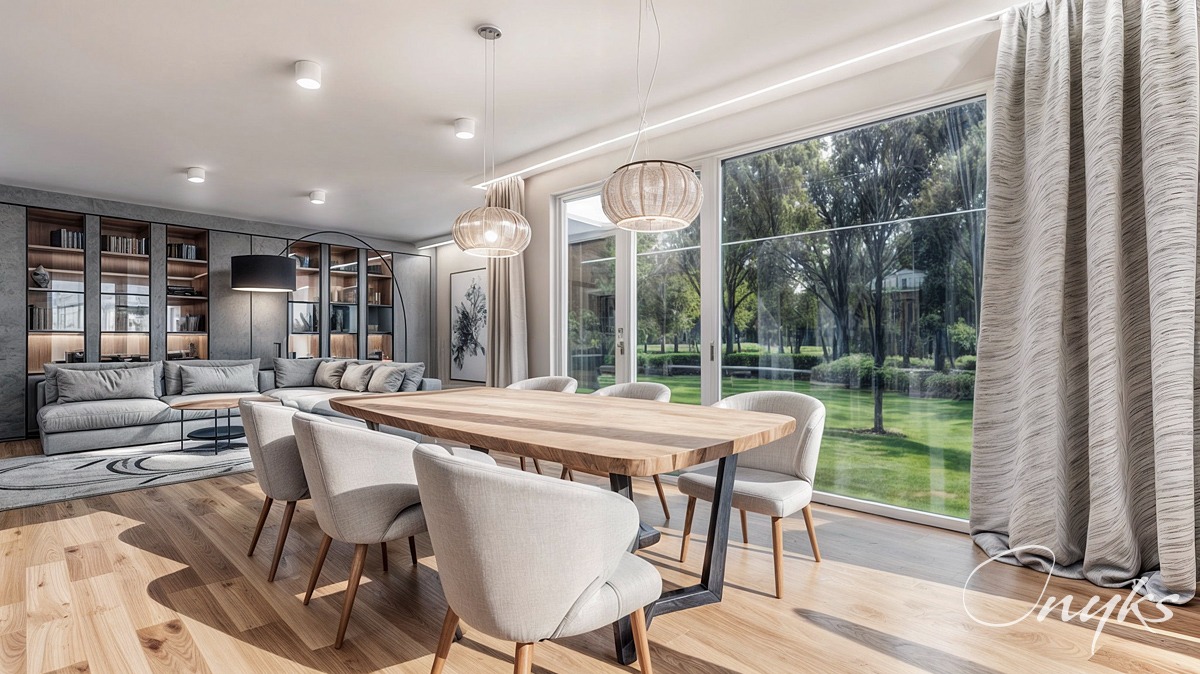 Jasne wnętrze jadalni z drewnianym stołem, krzesłami tapicerowanymi w kolorze beżowym, widokiem na ogród przez duże okno z zasłonami i oświetleniem wiszącym.