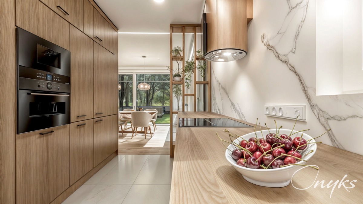 Nowoczesna kuchnia z drewnianymi szafkami, marmurową ścianą i misą czereśni na blacie, widok na jadalnię i ogród przez drewnianą ażurową ściankę.