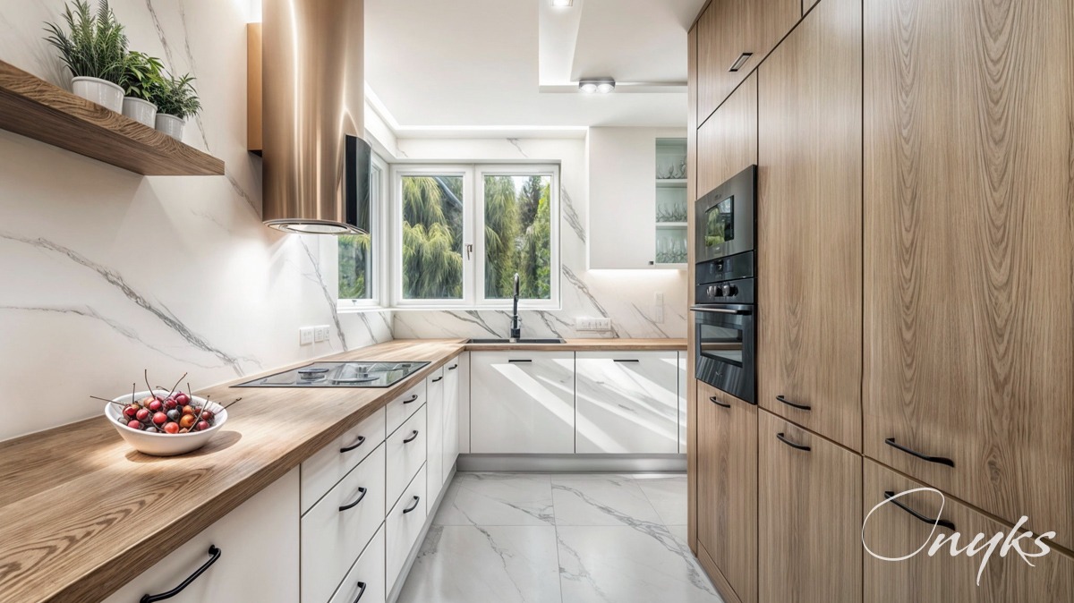 Jasna kuchnia z marmurowymi ścianami i podłogą, drewnianymi blatami, białymi szafkami, złotym okapem i widokiem na zieleń przez okno. Na blacie misa z wiśniami.