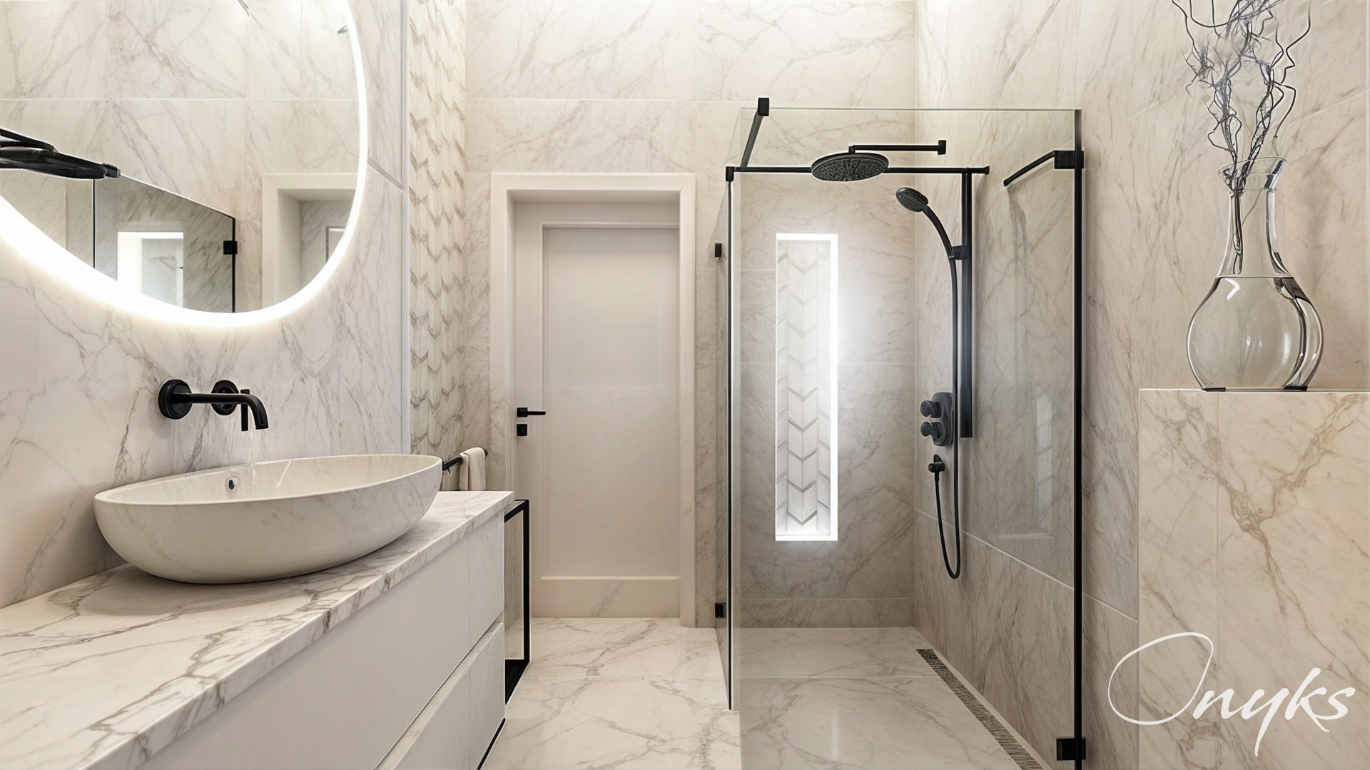 Nowoczesna łazienka wykończona marmurem, z owalną umywalką, podświetlanym lustrem, czarną armaturą i kabiną prysznicową ze szklanymi ściankami.