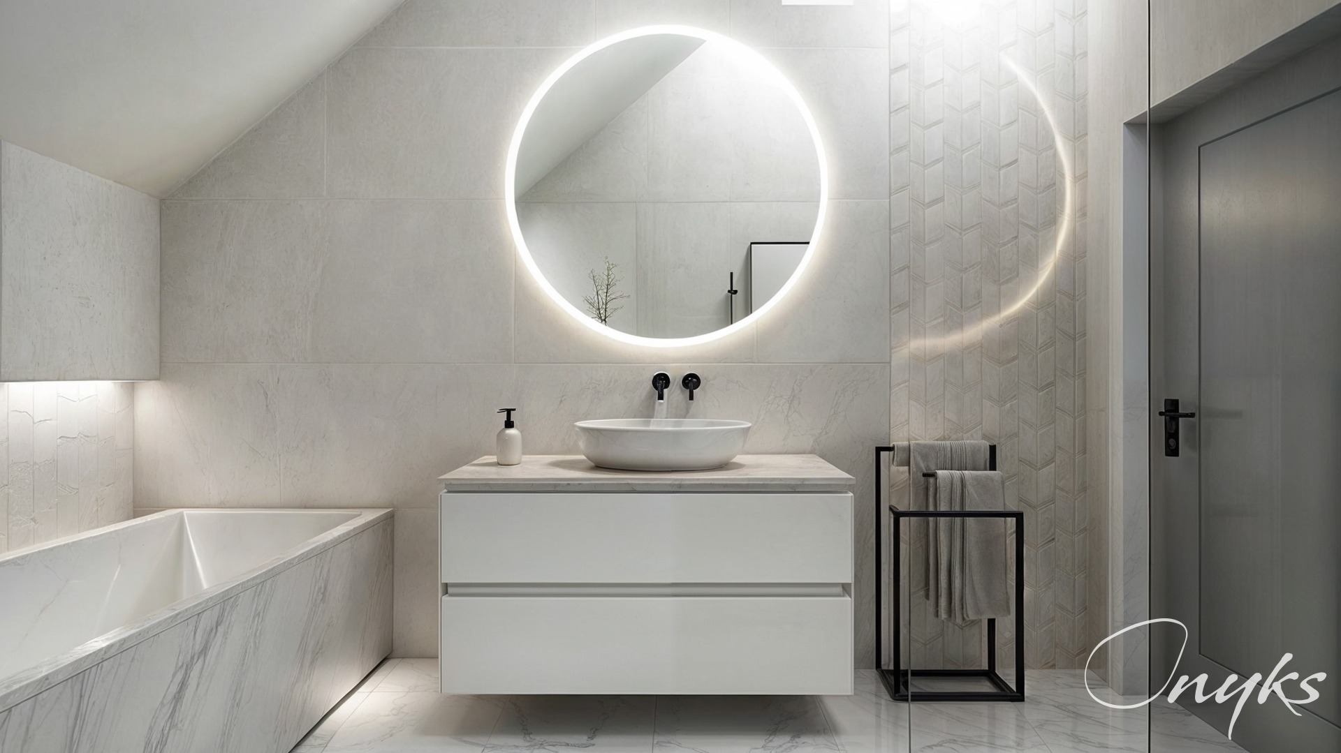 Nowoczesna łazienka w odcieniach bieli z okrągłym lustrem podświetlonym LED, marmurową wanną i umywalką nablatową na białej szafce, akcentowana geometrycznym wzorem płytek na ścianie.