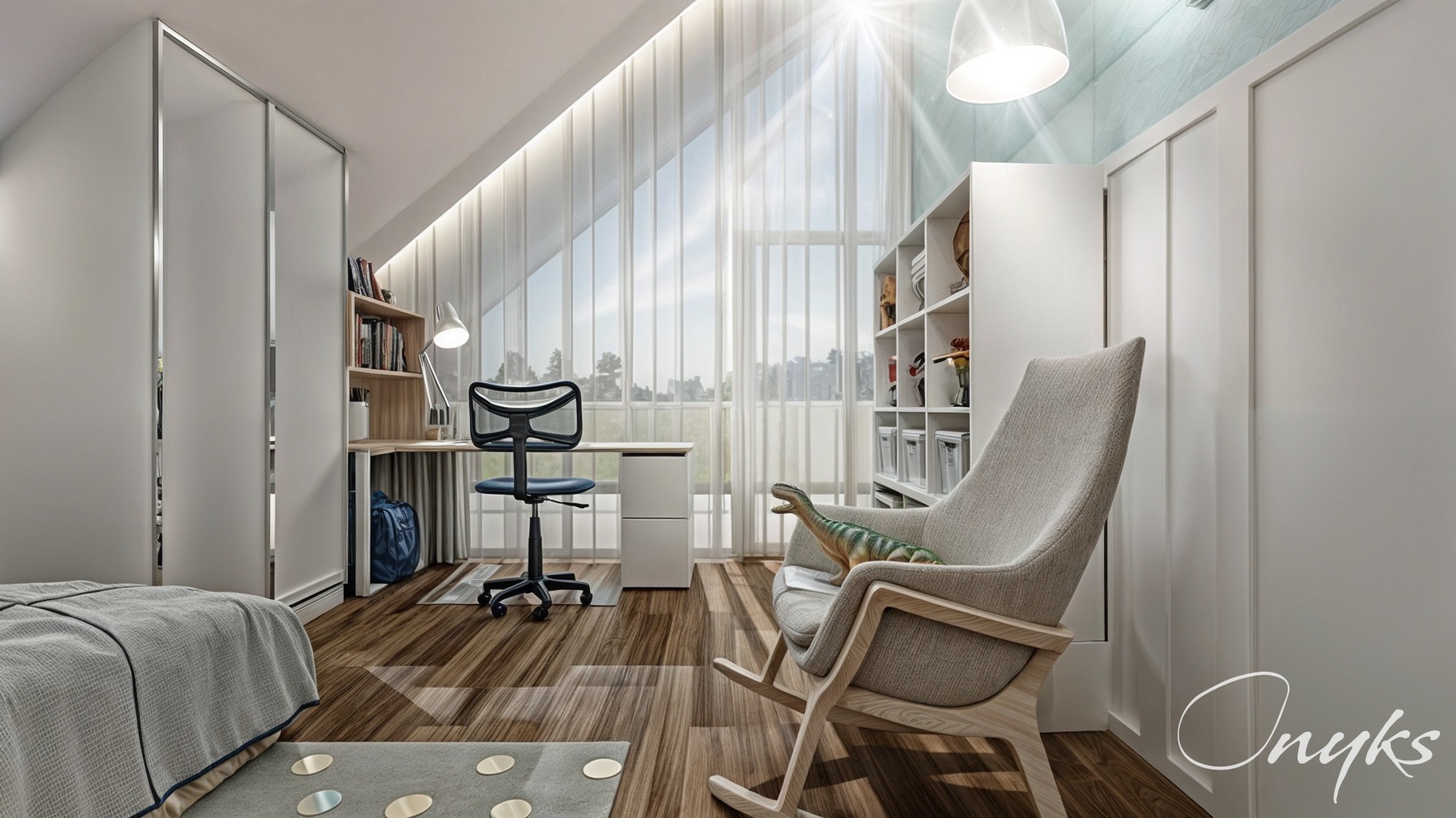 Pokój dziecięcy na poddaszu z biurkiem przy oknie, krzesłem bujanym z zabawką dinozaura, regałem na książki i dużą szafą w zabudowie.